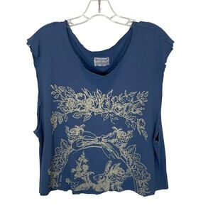 Free People x Vintage Souls RARE Blue Waffle Knit Graphic Top Distressed Size XS